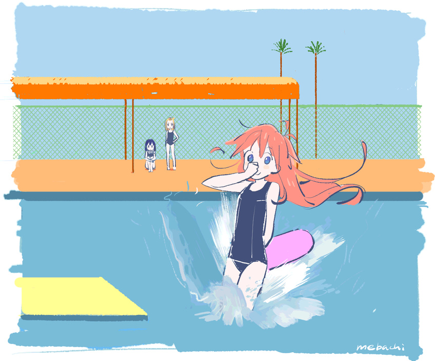 a_bigger_splash ahoge antenna_hair arm_behind_back artist_name barefoot blonde_hair blue_eyes blue_hair blush_stickers chain-link_fence fence fine_art_parody flat_color flip_flappers full_body hand_on_hip holding_nose jitome kickboard kokomine_cocona leg_hug long_hair looking_at_another looking_at_viewer mebachi multicolored_hair multiple_girls old_school_swimsuit one-piece_swimsuit orange_hair outdoors palm_tree papika_(flip_flappers) parody partially_submerged pool pop_art school_swimsuit short_hair signature sitting smile splashing standing streaked_hair swimsuit tareme tree water yayaka |_|