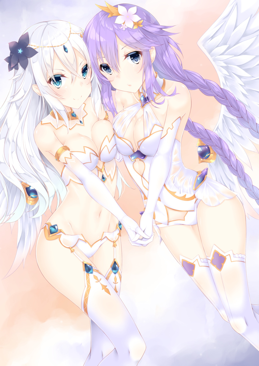 :o angel_wings aqua_eyes asymmetrical_docking black_heart braid breast_press breasts bustier circlet cleavage closed_mouth colored_eyelashes detached_collar elbow_gloves feathered_wings flower four_goddesses_online:_cyber_dimension_neptune garter_belt gem gloves hair_between_eyes hair_flower hair_ornament highres holding_hands jewelry long_hair looking_at_viewer medium_breasts multiple_girls navel neptune_(series) parted_lips purple_eyes purple_hair purple_heart revealing_clothes see-through shikapiro smile standing stomach symbol-shaped_pupils thighhighs twin_braids very_long_hair white_gloves white_hair white_legwear white_wings wings