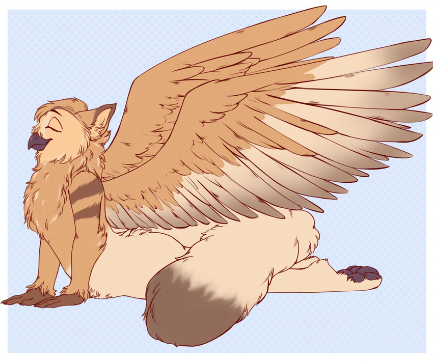 ambiguous_gender anthro avian beak bird eyes_closed fluffy gryphon nude owl simple_background smile solo stretching wasabitea wings