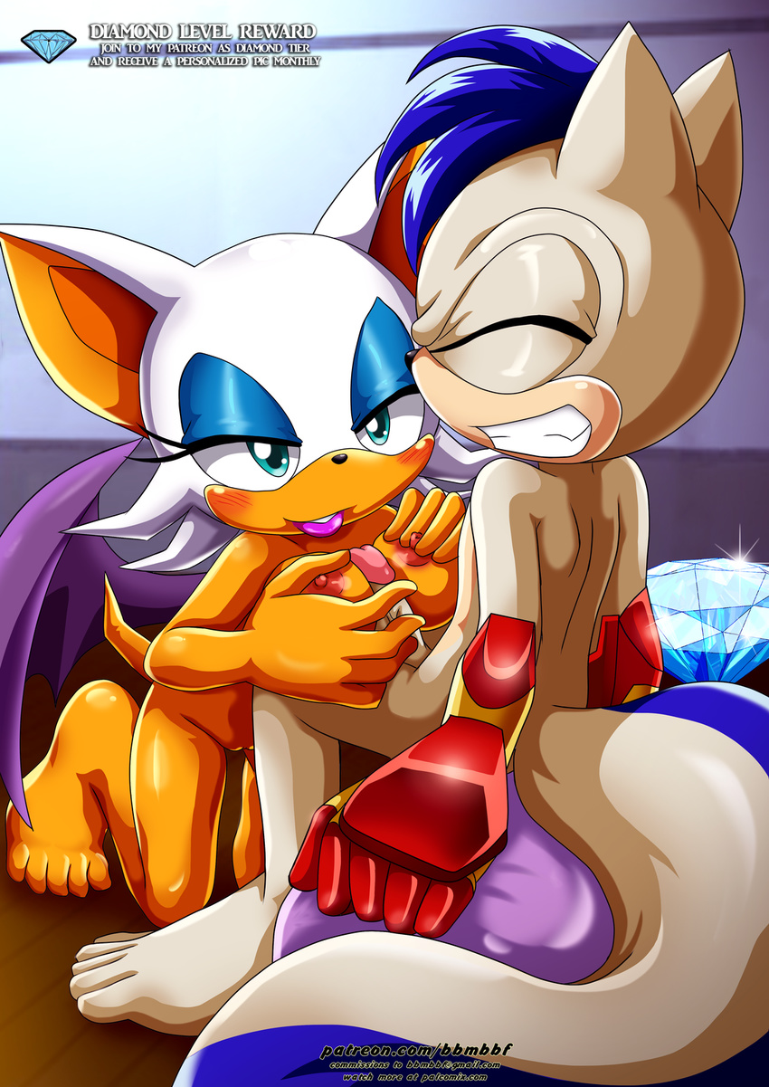 anthro bat bbmbbf blush breasts brown_eyes duo fan_character female gem green_eyes male male/female mammal marquis_the_squirrel mobius_unleashed palcomix patreon rodent rouge_the_bat sex smile sonic_(series) squirrel squirrel_tail titfuck wings