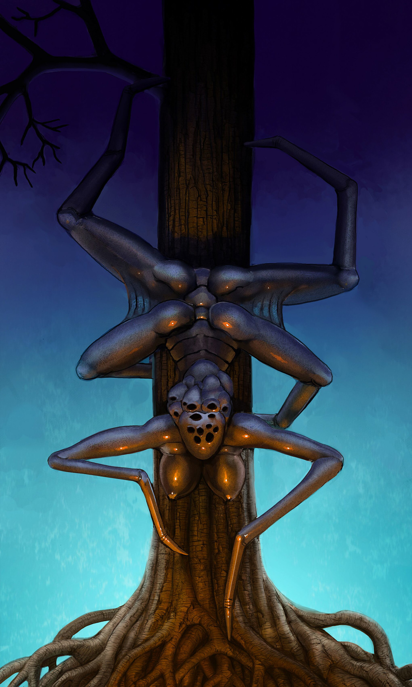 2016 alien blue_background breasts female gradient_background hi_res looking_at_viewer meandraco monster multi_limb nipples non-mammal_breasts nude simple_background solo tree upside_down what