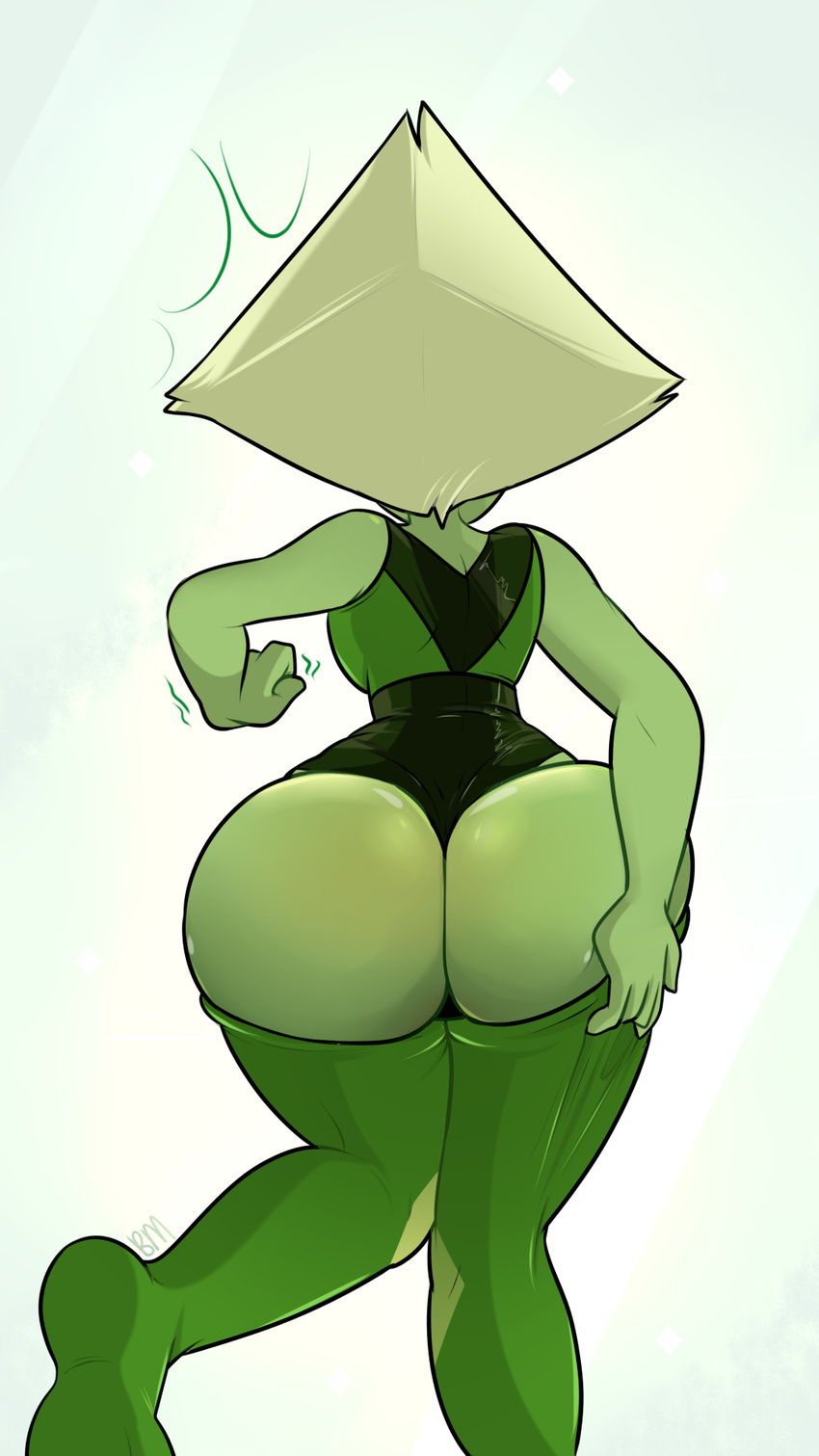 2016 alien blonde_hair blushmallet butt cartoon_network cloth clothed clothing female gem_(species) green_skin hair humanoid not_furry peridot_(steven_universe) simple_background solo standing steven_universe