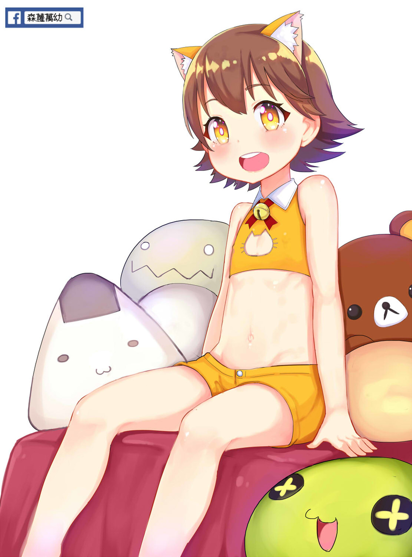 1girl :3 animal_ears atg_(wttoo0202) bandai_namco bare_shoulders bell blush brown_hair cat_cutout child cutout facebook flat_chest hair_between_eyes honda_mio idolmaster idolmaster_cinderella_girls looking_at_viewer midriff navel open_mouth shiny shiny_skin short_hair shorts sitting solo stuffed_animal younger