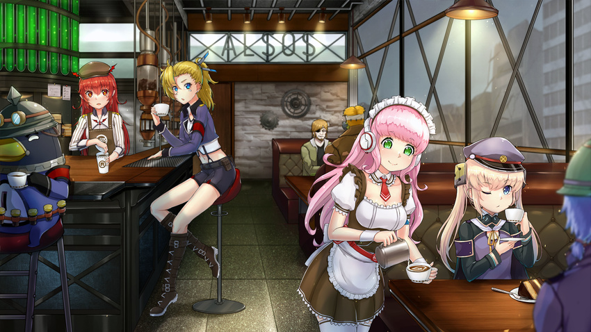 5girls absurdres bird black_footwear boots cafe character_request cross-laced_footwear diner e_neko green_eyes hat headphones highres knee_boots lace-up_boots long_hair maid military military_uniform multiple_boys multiple_girls penguin pink_hair ponytail red_hair short_hair shorts sitting thighhighs uniform waitress zhanchang_shuang_mawei