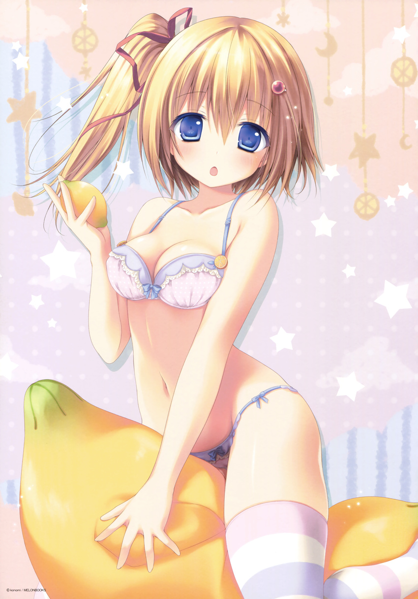 absurdres artist_name asymmetrical_hair bangs banned_artist blonde_hair blue_eyes blue_panties bow bow_bra bow_panties bra breasts cleavage copyright_name eyebrows_visible_through_hair food frilled_bra frilled_panties frills fruit hair_ornament hair_ribbon highres holding holding_food konomi_(kino_konomi) lemon lemon-chan looking_at_viewer medium_breasts melonbooks multicolored multicolored_bra multicolored_clothes multicolored_legwear multicolored_panties navel open_mouth panties pink_bra polka_dot polka_dot_background polka_dot_bra ribbon scan short_hair side_ponytail sitting solo star starry_background straddling string_panties striped striped_legwear thighhighs underwear underwear_only watermark