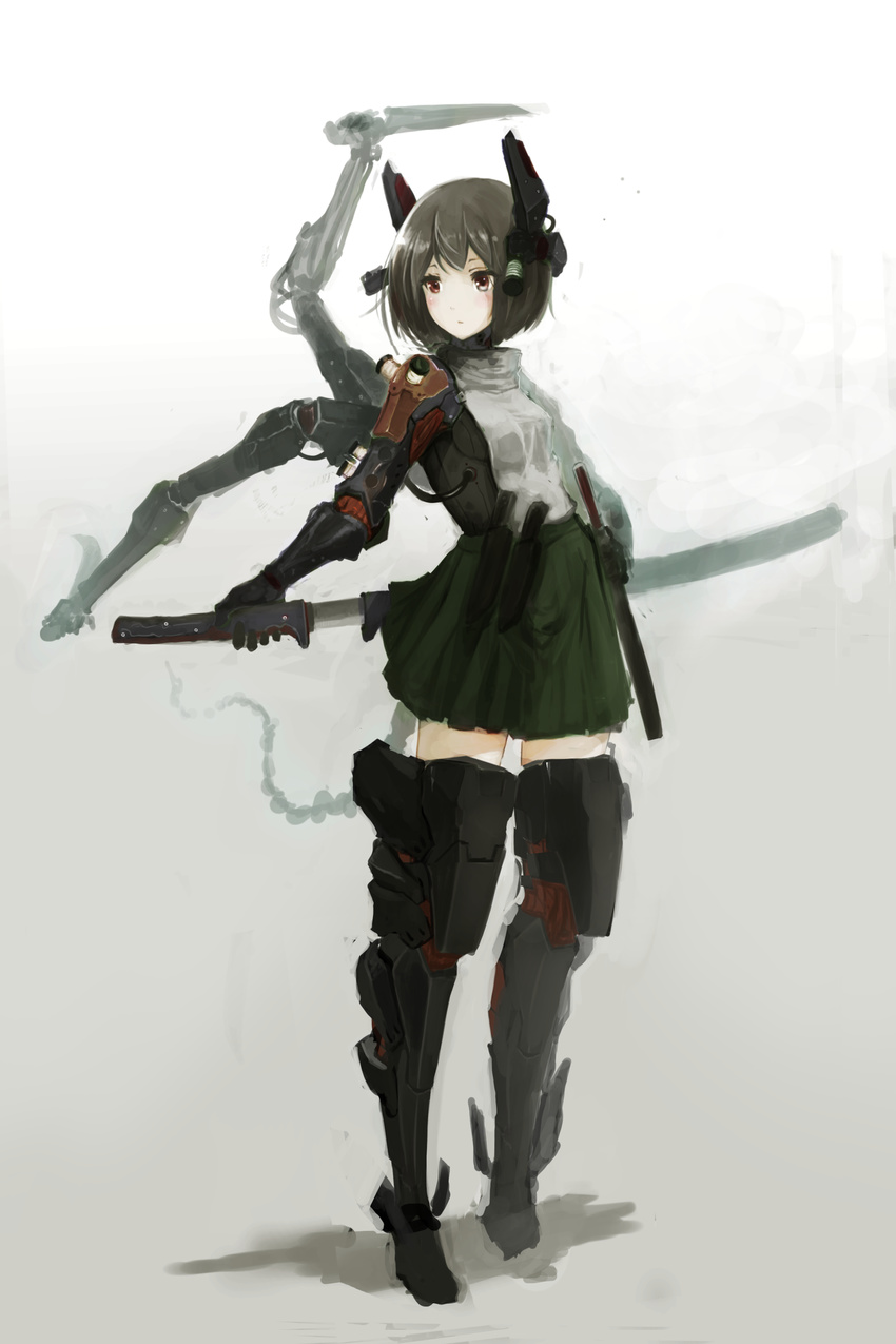 absurdres armor armored_boots bangs blush bodysuit boots breasts brown_hair closed_mouth extra_arms greaves green_skirt hand_on_hilt hand_on_hip headgear high_collar highres holding holding_sword holding_weapon katana knife legs_apart mechanical_arms multiple_arms oota_youjo original ready_to_draw red_eyes scabbard sheath sheathed short_hair skirt small_breasts solo standing sword thigh_boots thighhighs unsheathing weapon weapon_on_back