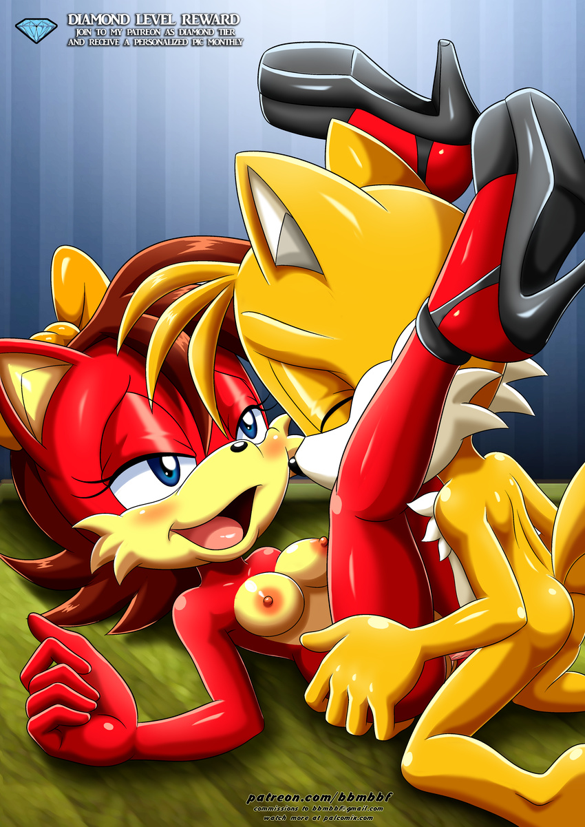 bbmbbf blue_eyes breasts brown_hair butt canine female fiona_the_fox fox fur hair hair_ribbon high_heel male male/female mammal miles_prower mobian_(species) mobius palcomix patreon red_fur ribbons sonic_(series) unleashed yellow_fur