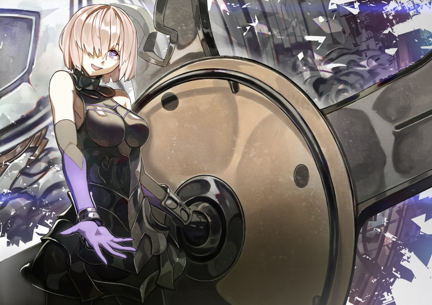 breasts fate/grand_order fate_(series) hair_over_one_eye large_breasts mash_kyrielight open_mouth purple_eyes rano short_hair smile solo