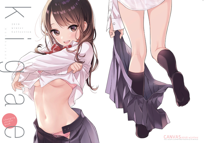 2016 :d arched_back artist_name bangs black_legwear black_skirt blush bow bowtie bra bra_peek breasts brown_eyes brown_hair buttons commentary_request cover cover_page doujin_cover dress_shirt fingernails from_behind highres kneehighs kneepits leg_lift lifted_by_self long_hair long_sleeves looking_at_viewer medium_breasts midriff morikura_en multiple_views navel no_shoes open_clothes open_mouth open_skirt original panties pink_bra pink_panties pleated_skirt red_bow red_neckwear school_uniform shirt shirt_lift skirt smile standing standing_on_one_leg stomach teeth underboob underwear undressing white_background white_shirt