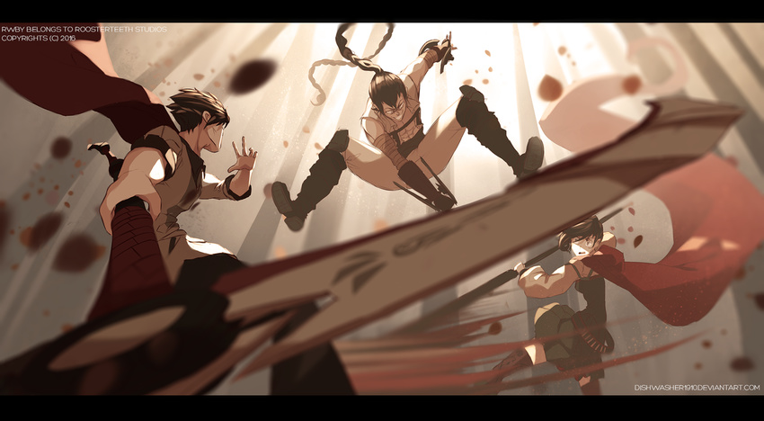 2boys battle braid cape copyright_name crescent_rose dishwasher1910 forest letterboxed long_hair multiple_boys nature petals petals_on_liquid ponytail qrow_branwen ruby_rose rwby scythe spoilers thighhighs tyrian_callows uncle_and_niece very_long_hair