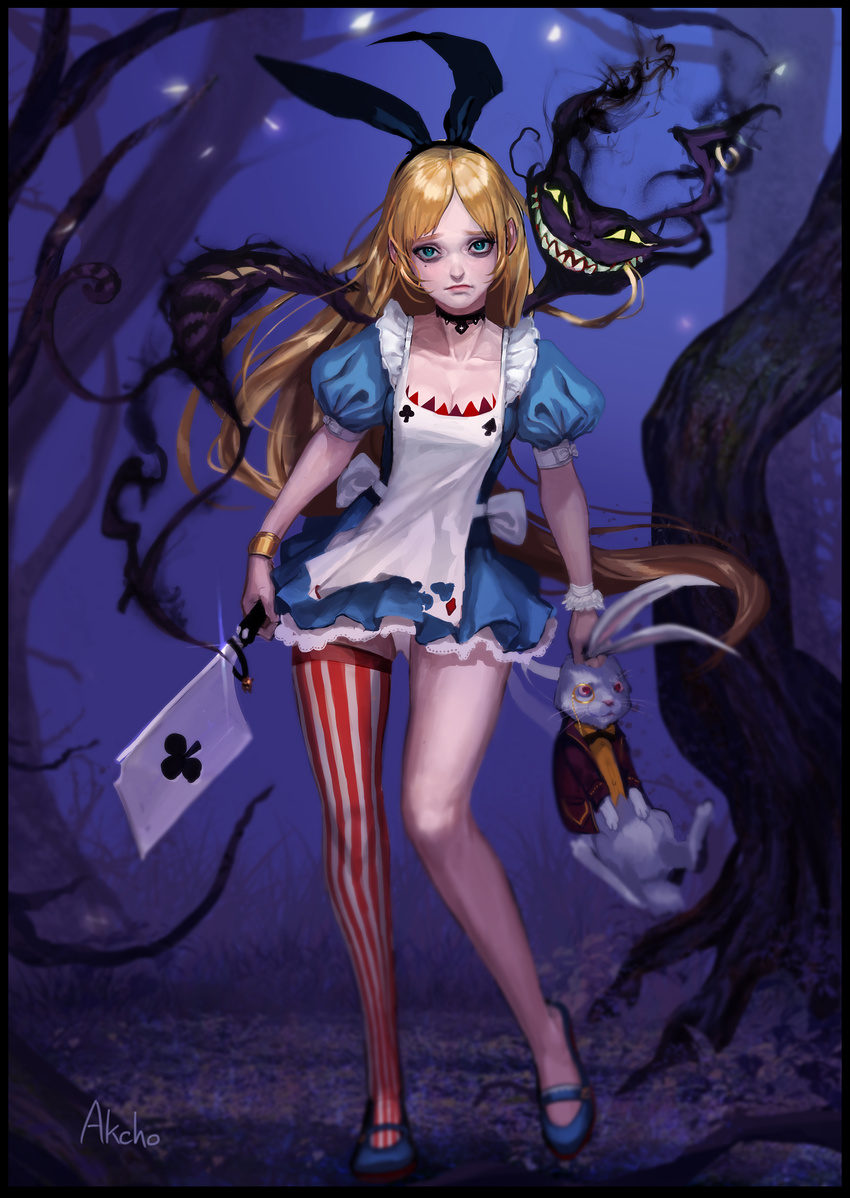 absurdres akcho alice_(wonderland) alice_in_wonderland animal_ears apron artist_name bangs black_choker black_hairband blonde_hair blue_dress blue_eyes blue_footwear bow bracelet breasts bunny bunny_ears butcher_knife cheshire_cat choker cleavage closed_mouth club_(shape) collarbone diamond_(shape) dress fake_animal_ears full_body gold grass hairband heart highres holding jewelry knife layered_dress lips long_hair looking_at_viewer makeup mary_janes medium_breasts mole mole_under_eye monocle night outdoors panties pantyshot pantyshot_(standing) parted_bangs pendant puffy_short_sleeves puffy_sleeves red_eyes red_legwear shoes short_dress short_sleeves single_thighhigh single_wrist_cuff solo spade_(shape) standing standing_on_one_leg striped striped_legwear thighhighs tree two-tone_legwear underwear vertical-striped_legwear vertical_stripes very_long_hair white_apron white_bow white_legwear white_panties white_rabbit wrist_cuffs