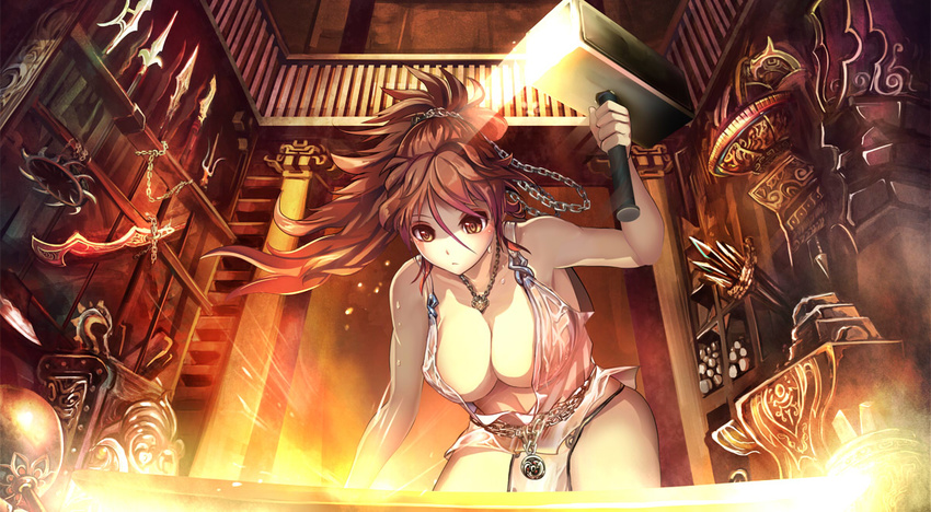 anvil armor armpits bare_arms bare_shoulders belt blacksmith blade blush breasts brown_eyes brown_hair chain cleavage closed_mouth commentary_request cowboy_shot fire hammer indoors jewelry large_breasts leaning_forward loincloth long_hair looking_down motion_blur necklace original polearm ponytail revealing_clothes sai_(weapon) serious solo spear suoni_(deeperocean) sweat sword weapon wet wet_clothes