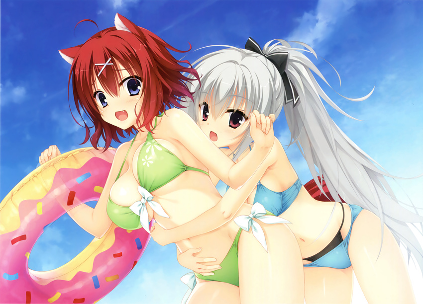 absurdres amairo_islenauts animal_ears bikini blue_bikini blue_eyes bow breasts cleavage company_connection cropped crossover day dracu-riot! dutch_angle elena_olegovna_owen fang green_bikini hair_bow hair_ornament hair_ribbon hairclip highres hug hug_from_behind innertube kobuichi large_breasts layered_bikini long_hair masaki_gaillard multiple_girls muririn navel open_mouth outdoors ponytail purple_eyes red_hair ribbon scan silver_hair strap_gap swimsuit tail very_long_hair x_hair_ornament yuzu-soft