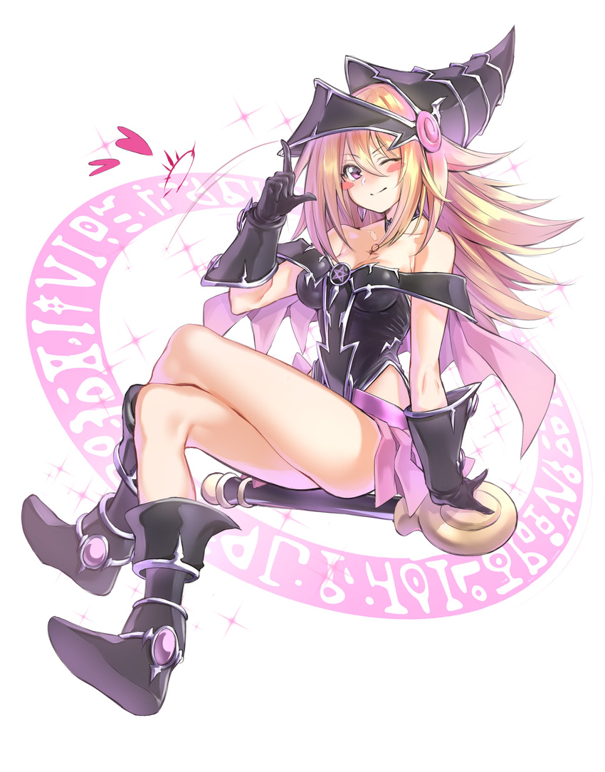 absurdres bare_shoulders blonde_hair blush_stickers breasts choker cleavage dark_magical_circle dark_magician_girl deluxe&lt;&lt;&lt; duel_monster gloves hat highres long_hair magi_magi_magician_gal medium_breasts one_eye_closed pentacle red_eyes smile solo staff wizard_hat yuu-gi-ou