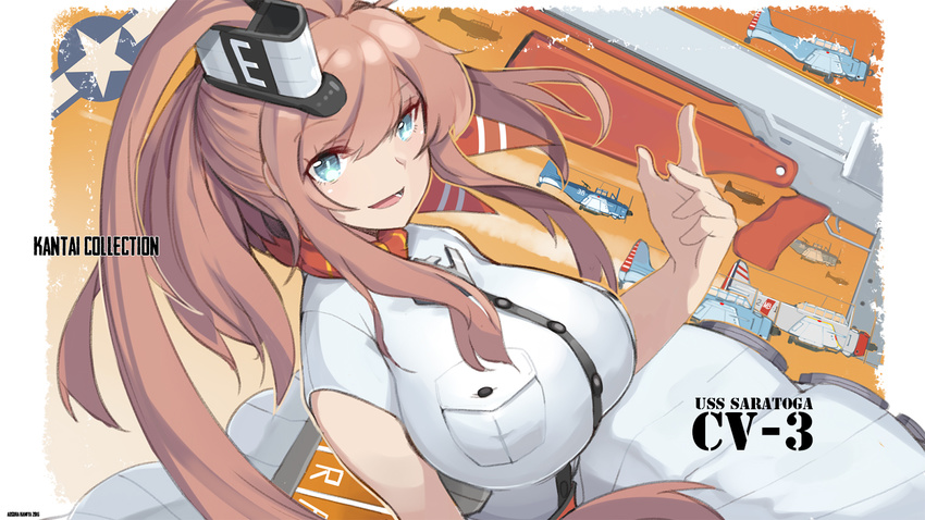 :d aosora_kamiya arm_at_side breast_pocket breasts character_name copyright_name dress dutch_angle flight_deck hair_between_eyes huge_breasts impossible_clothes kantai_collection long_hair looking_at_viewer open_mouth pocket revision saratoga_(kantai_collection) sbd_dauntless short_sleeves side_ponytail skirt smile smoke_trail smokestack solo striped tsurime upper_body vertical-striped_skirt vertical_stripes white_dress