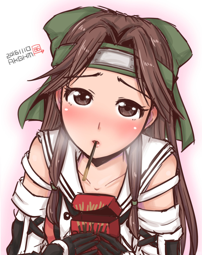 2016 blush bow box brown_eyes brown_hair dated elbow_gloves food forehead_protector gloves hachimaki hair_bow hair_intakes half_updo hamu_agaki head_tilt headband highres holding holding_box incoming_pocky_kiss jintsuu_(kantai_collection) kantai_collection long_hair looking_at_viewer pocky remodel_(kantai_collection) school_uniform serafuku signature solo