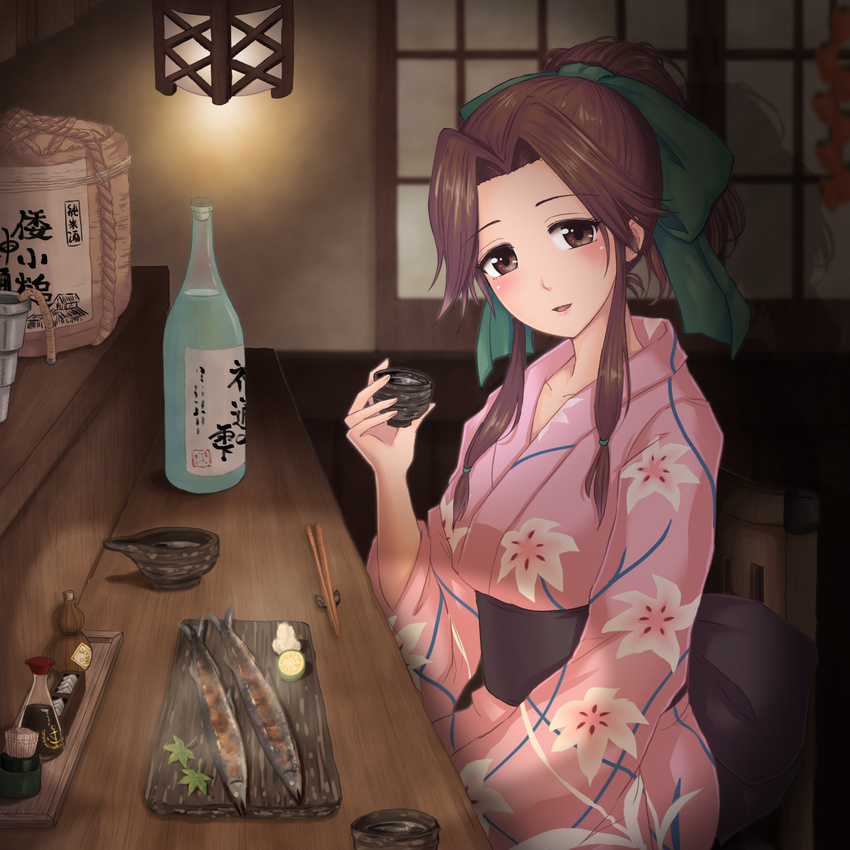 alcohol alternate_costume blush bottle bow brown_eyes brown_hair chair choko_(cup) chopsticks cup fish food hair_bow hair_up hamu_agaki head_tilt highres izakaya japanese_clothes jintsuu_(kantai_collection) kantai_collection kimono light_smile long_hair looking_at_viewer ponytail sake sake_bottle sitting solo soy_sauce