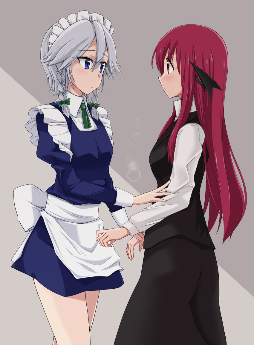 3692materia bangs black_skirt black_vest blue_dress blue_eyes blush bow braid collared_shirt dress eye_contact eyelashes from_side grey_background hair_between_eyes hair_bow highres izayoi_sakuya koakuma long_hair long_sleeves looking_at_another maid maid_headdress multiple_girls necktie no_wings puffy_long_sleeves puffy_sleeves red_eyes red_hair red_neckwear ribbon shirt short_dress short_hair silver_hair skirt skirt_set thighs touching touhou twin_braids very_long_hair vest white_shirt