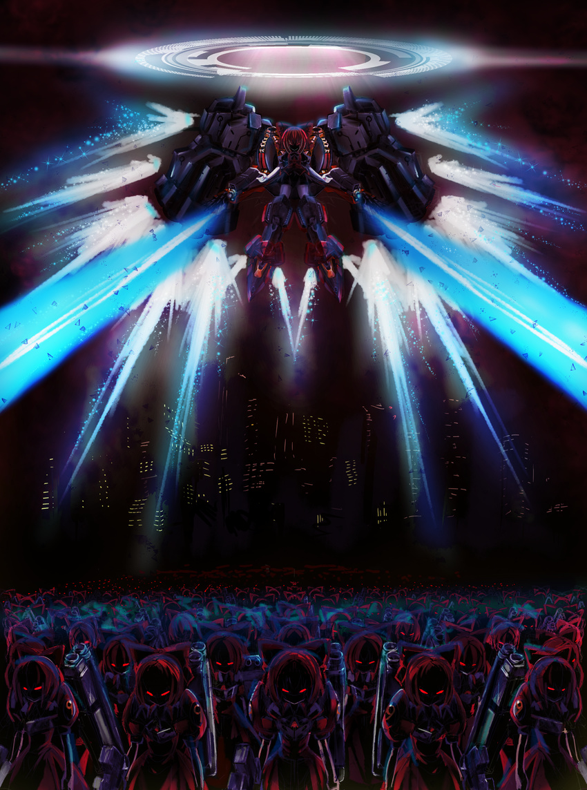 absurdres alternate_color alternate_costume alternate_eye_color alternate_hair_color armored_core army bangs bow cirno cityscape commentary_request death2990 full_body glowing glowing_eyes gun hair_bow halo highres jetpack looking_at_viewer m.u.g.e.n mecha_musume multiple_girls night nineball=cirno nineball_seraph over_shoulder red_bow red_eyes rifle smile sparkle touhou weapon weapon_over_shoulder