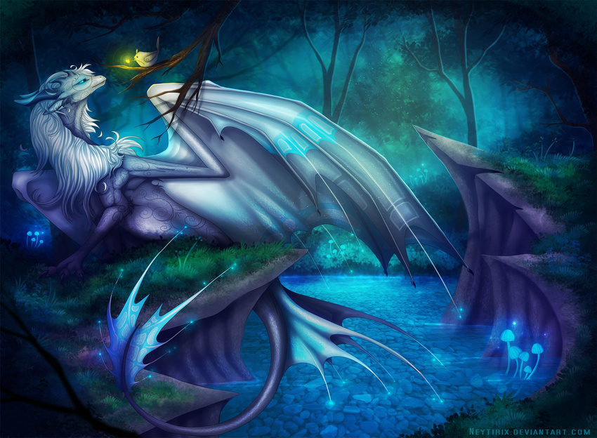 ambiguous_gender blue_eyes claws detailed_background dragon feral forest grass hair horn membranous_wings neytirix night nude solo tree water white_hair wings