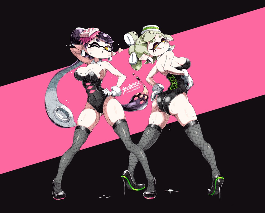 2girls :d ;) aori_(splatoon) armpits ass breasts curvy earrings fishnet_legwear fishnet_pantyhose fishnets full_body gloves hair_ornament hair_ribbon hand_on_hips heart high_heels highres hips hotaru_(splatoon) huge_ass jewelry large_breasts leotard long_legs looking_back mole mole_under_eye monochrome_background multiple_girls one_eye_closed pantyhose pose posing ribbon sideboob sisters splatoon standing sweat tentacle_hair thick_thighs thighhighs thighs wet white_gloves wide_hips wink yuta_agc