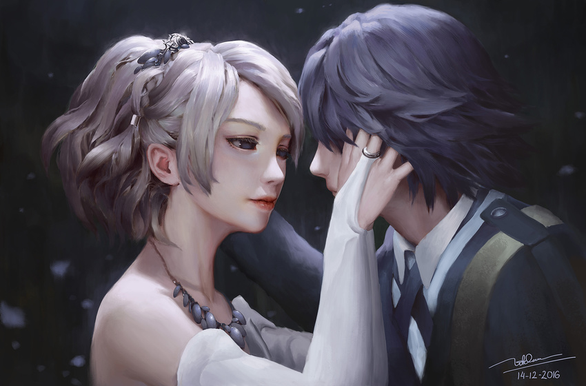 1girl 2016 bangs blue_eyes blue_hair bridal_gauntlets collared_shirt couple dao_trong_le dated dress eye_contact eyelashes face-to-face final_fantasy final_fantasy_xv formal hand_on_another's_cheek hand_on_another's_face hetero highres imminent_kiss jewelry lips looking_at_another lunafreya_nox_fleuret necklace no_pupils noctis_lucis_caelum parted_bangs profile ring shell_necklace shirt short_hair signature silver_hair strapless strapless_dress suit wedding white_dress white_shirt