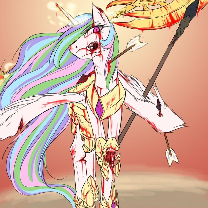 2014 armor arrow axe blood daimyo equine female feral friendship_is_magic fur hair horn jewelry magic mammal melee_weapon multicolored_hair my_little_pony necklace polearm princess_celestia_(mlp) purple_eyes royalty solo spear weapon white_fur winged_unicorn wings wounded