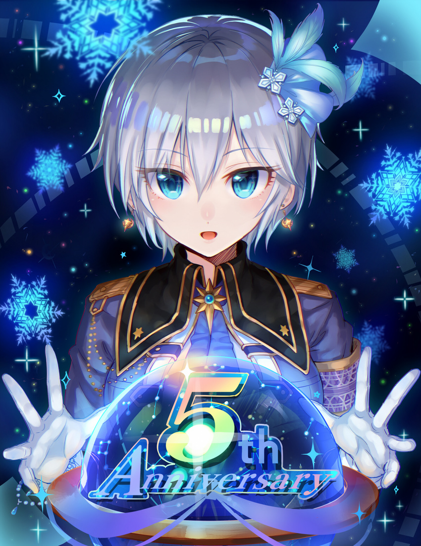 anastasia_(idolmaster) anniversary blue_eyes earrings gloves hair_ornament highres idolmaster idolmaster_cinderella_girls idolmaster_cinderella_girls_starlight_stage jewelry looking_at_viewer shirona002 short_hair silver_hair snowflakes solo white_gloves