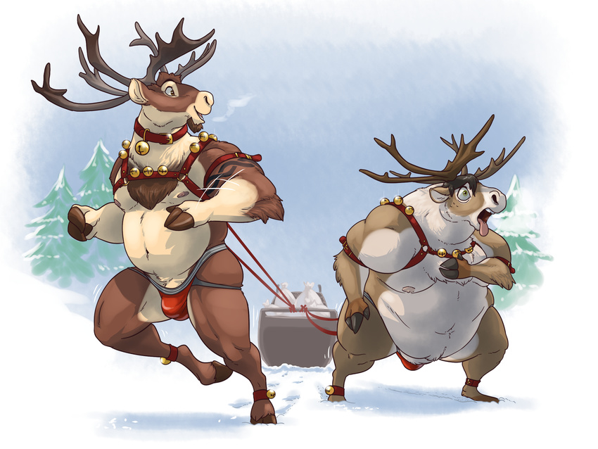 2016 anthro antlers bell belly brown_fur bulge cervine christmas clothed clothing deer duo eclipsewolf edshapeshifter fur hair harness holidays hooves horn jockstrap luxordtimet male male/male mammal muscular navel nipples open_mouth outside overweight ozzy_(character) pecs reindeer simple_background sleigh smile snow tattoo tongue topless underwear