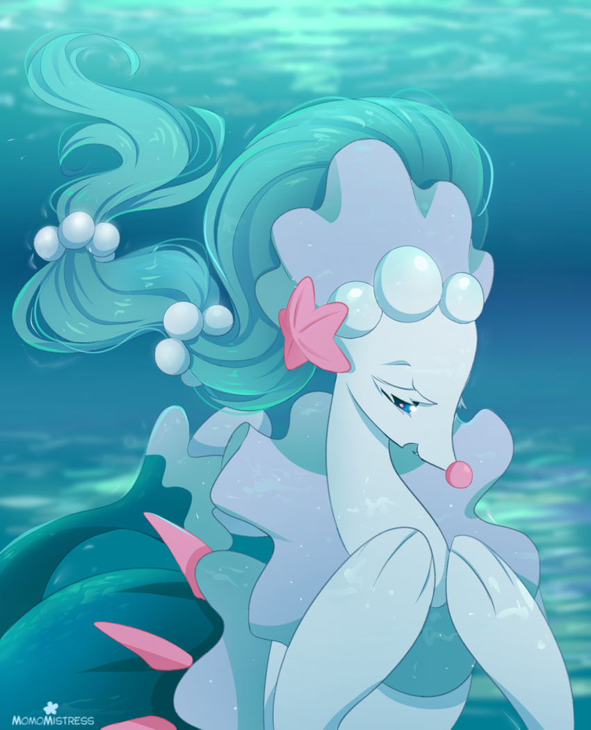 2016 ambiguous_gender blue_eyes blue_hair feral hair hi_res long_hair momomistress nintendo pok&eacute;mon primarina solo star underwater video_games water