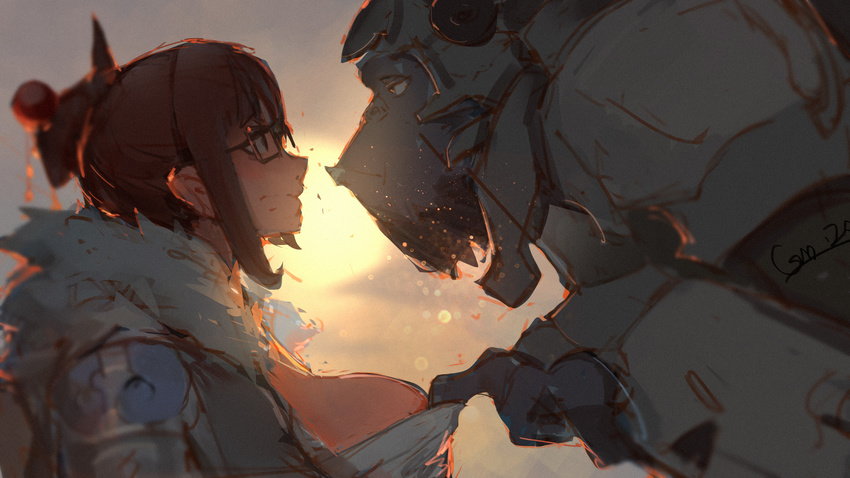 1girl armor beard black-framed_eyewear breast_poke breasts brown_hair coat eye_contact face-to-face fur_coat gaoerji glasses gorilla gradient_background hair_bun hair_ornament hair_stick highres jacket large_breasts lips looking_at_another mei_(overwatch) open_jacket overwatch pauldrons ponytail power_armor power_suit shirt_pull staring sunset tank_top upper_body winston_(overwatch)