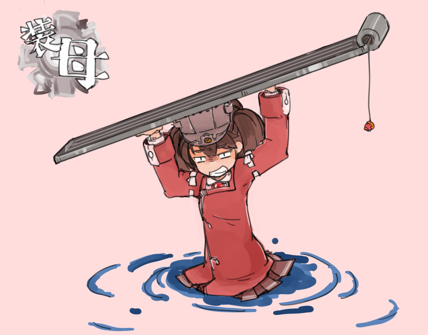 brown_hair check_commentary clenched_teeth commentary_request enjaku_izuku flight_deck japanese_clothes kantai_collection kariginu lifting long_sleeves magatama miniskirt partially_submerged pleated_skirt ryuujou_(kantai_collection) skirt solo teeth translated twintails visor_cap wading water