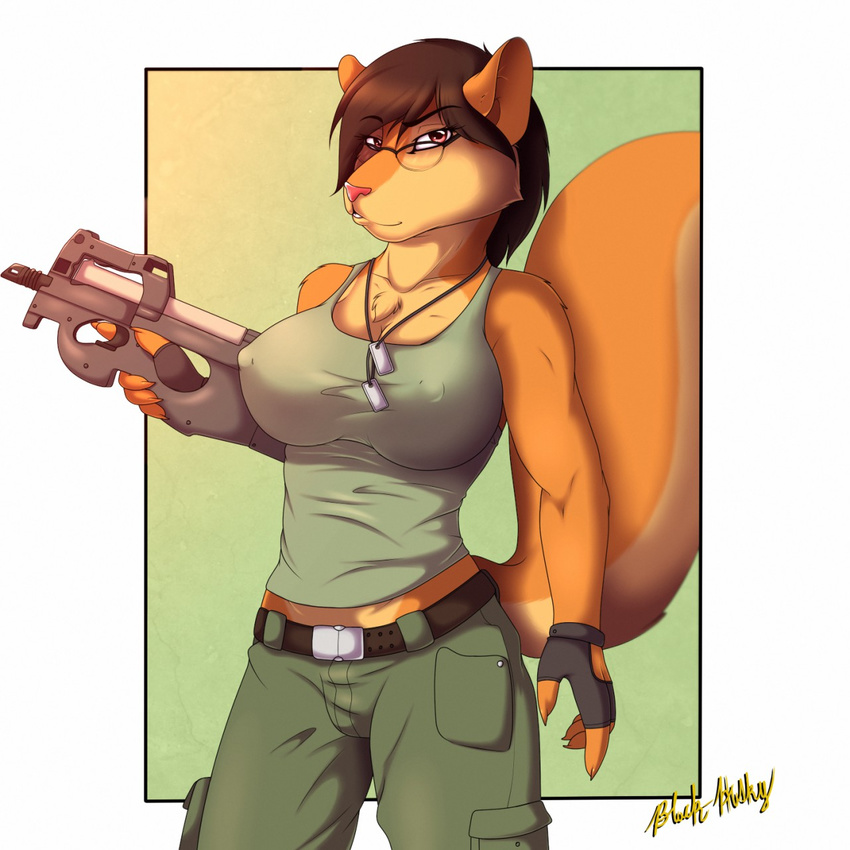 2016 5_fingers anthro black-husky breasts brown_eyes brown_hair clothed clothing dog_tags eyebrows eyelashes eyewear female glasses gun hair holding_object holding_weapon looking_at_viewer mammal nipple_bulge pink_nose ranged_weapon rodent simple_background solo squirrel weapon white_background wide_hips