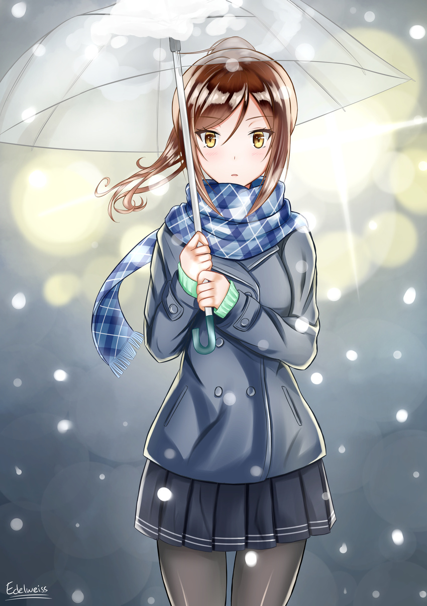 artist_name bad_id bad_pixiv_id blue_background blue_scarf blurry brown_hair coat depth_of_field edelweiss_(wsparkz) expressionless gradient gradient_background green_sweater grey_legwear highres light_blush looking_at_viewer original pantyhose plaid plaid_scarf pleated_skirt ponytail scarf short_hair skirt snowing solo sweater transparent transparent_umbrella umbrella wind winter_clothes winter_coat yellow_eyes