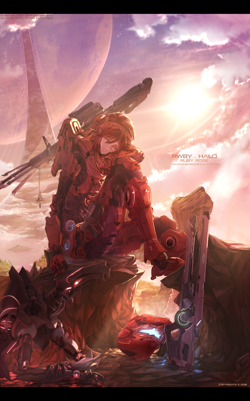 absurdres armor brown_hair copyright_name cyberpunk dishwasher1910 explosive grenade gun halo_(game) headwear_removed helmet helmet_removed highres lens_flare letterboxed plasma_grenade_(halo) railgun rifle ruby_rose rwby science_fiction short_hair sniper_rifle solo weapon zwei_(rwby)