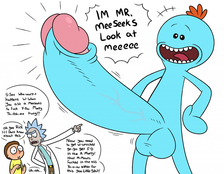 anthro balls big_penis clothed clothing dialogue english_text hair hyper hyper_penis imminent_sex male morty_smith mr_meeseeks nude open_mouth penis rick_and_morty rick_sanchez scientist smile spice5400 standing text thick_penis vein veiny_penis young