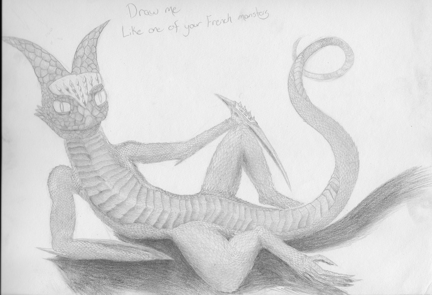 2016 absurd_res arm_support digitigrade draw_me_like_one_of_your_french_girls feral hi_res looking_at_viewer male monochrome pencil_(artwork) pose reptile scalie simple_background sitting solo traditional_media_(artwork) waffledragon