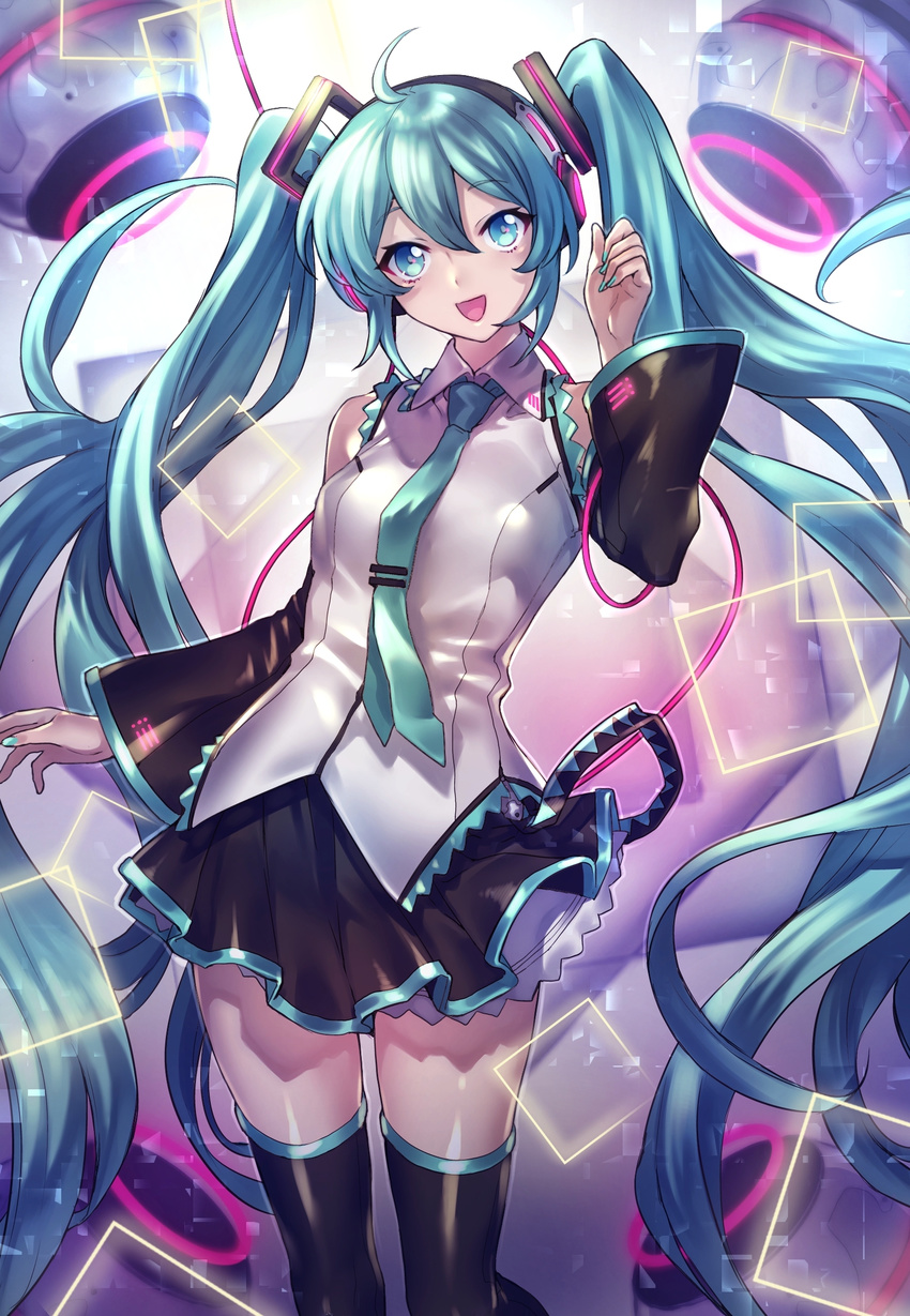 :d absurdres ahoge aqua_eyes aqua_hair aqua_nails aqua_neckwear bare_shoulders black_legwear breasts commentary_request cowboy_shot detached_sleeves hatsune_miku headphones highres long_hair long_sleeves looking_at_viewer maruchi nail_polish necktie open_mouth revision shirt sleeveless sleeveless_shirt small_breasts smile solo thighhighs twintails very_long_hair vocaloid wide_sleeves