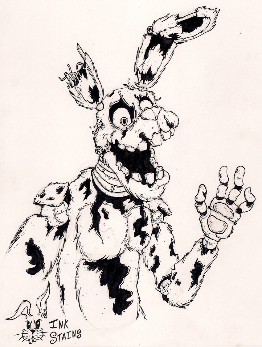 2016 animatronic anthro damaged five_nights_at_freddy's five_nights_at_freddy's_3 front_view fur grin hi_res ink_stains lagomorph long_ears machine male mammal monochrome open_mouth paws rabbit robot simple_background smile solo springtrap_(fnaf) standing teeth traditional_media_(artwork) video_games wires