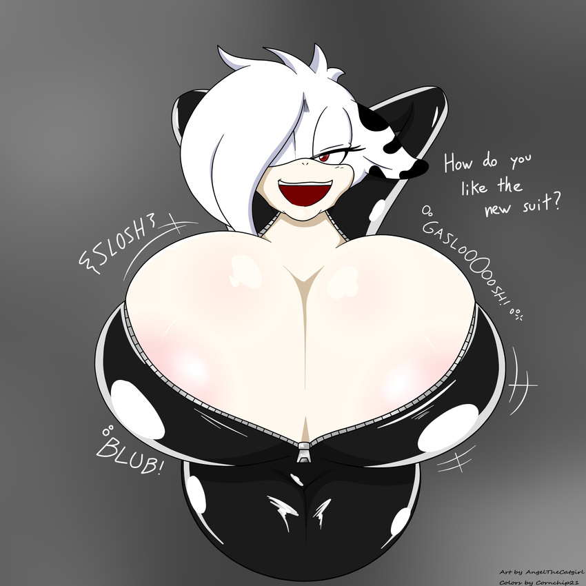 angelthecatgirl anthro big_breasts big_nipples bovine breasts cattle clothing cornchip21 female hair huge_breasts hyper hyper_breasts leather mammal mekana nipples red_eyes standing suit tight_clothing white_hair