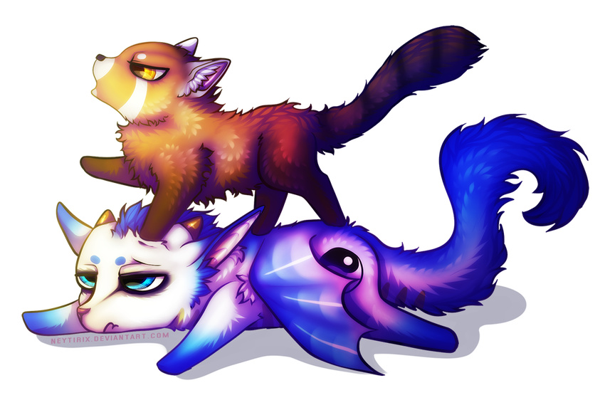 alpha_channel ambiguous_gender blue_eyes chibi duo fur lying membranous_wings neytirix orange_fur simple_background standing transparent_background white_fur wings yellow_eyes