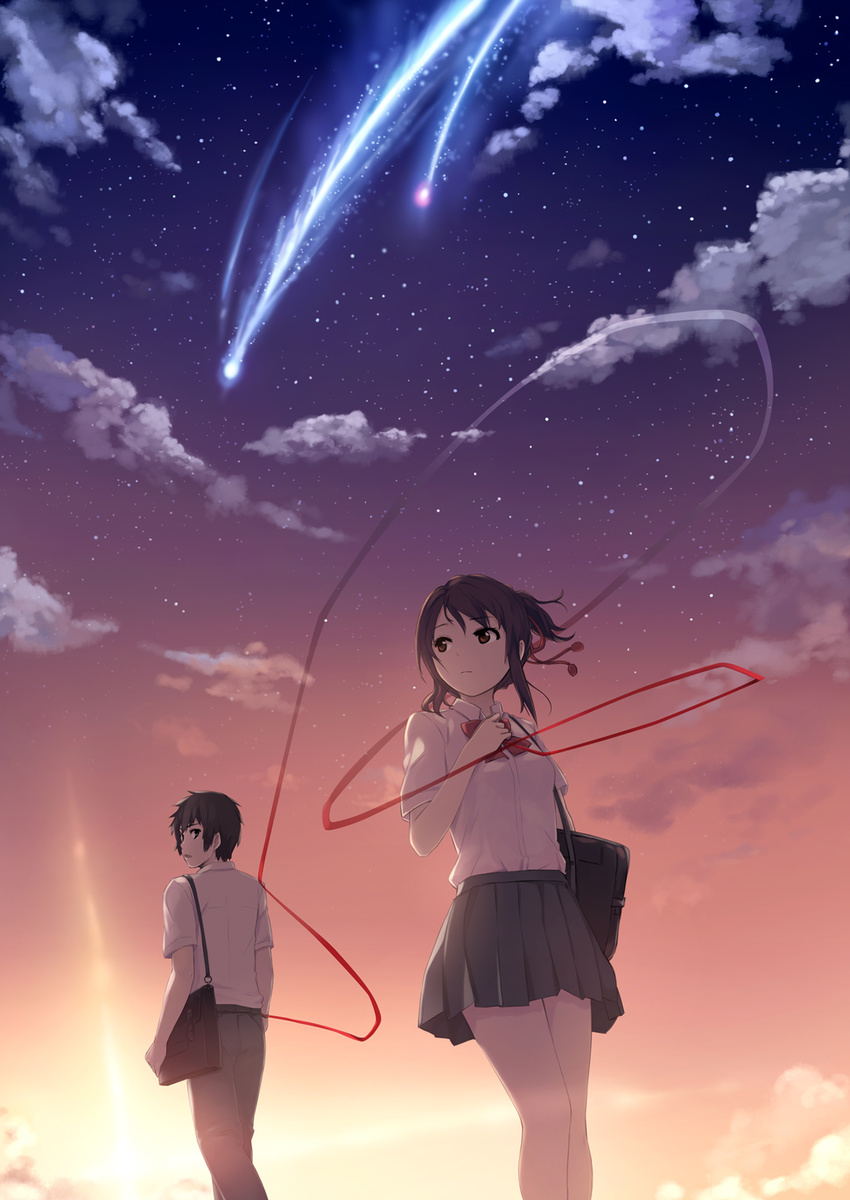 1girl bag black_hair bow bowtie brown_eyes cloud coffee-kizoku commentary_request dusk falling_star hair_ribbon highres kimi_no_na_wa long_hair miyamizu_mitsuha open_mouth outdoors pleated_skirt ponytail red_ribbon ribbon school_bag school_uniform shirt shooting_star short_hair short_sleeves skirt sky star_(sky) starry_sky sunset tachibana_taki white_shirt