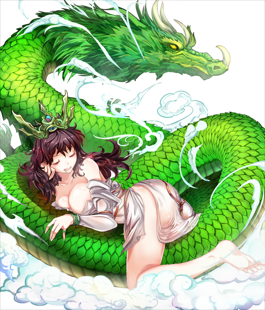 ass barefoot bracelet breasts brown_hair closed_eyes cloud crown dragon eastern_dragon feet highres jewelry large_breasts long_hair lying official_art on_stomach original ring sleeping solo suoni_(deeperocean) thighs