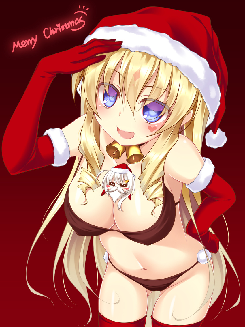 :d =_= arm_up ass_visible_through_thighs bangs bare_shoulders beard bell bell_collar between_breasts black_bra black_panties blonde_hair blue_eyes blush_stickers borrowed_character bra breasts character_request chibi cleavage collar collarbone cow_bell cowboy_shot delores_(mvv) drill_hair elbow_gloves eyebrows_visible_through_hair facial_hair facial_mark fur_trim gloves gradient gradient_background hair_between_eyes hand_on_hip hand_on_own_head hat heart highres large_breasts leaning_forward lethe-shion long_hair looking_at_viewer merry_christmas navel open_mouth original panties pom_pom_(clothes) red_background red_gloves red_legwear santa_hat sidelocks smile solo thighhighs underwear very_long_hair white_hair