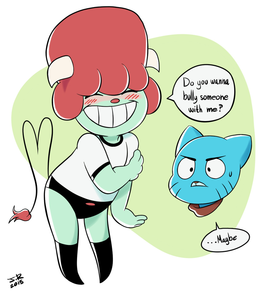 2015 anthro blush caprine cartoon_network cat clothing comfysaur duo english_text eyes_closed feline female flat_chested fur green_fur gumball_watterson hair holding_arm horn jamie_russo loli mammal red_hair red_nose shota smile speech_bubble sweat teeth text the_amazing_world_of_gumball young