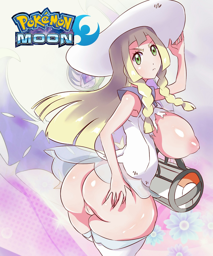 1girl :&lt; areolae ass ass_grab bag blonde_hair braids breasts cowboy_shot dress fake_cover from_behind game_cover green_eyes hand_on_ass hand_on_hips handheld_game_console hands_on_hat hat highres holding_hat huge_ass large_breasts lillie_(pokemon) logo long_hair looking_back lunaala nipples parody pokemon pokemon_sm pov_ass pussy shiny_skin sideboob solo thick_thighs thighhighs thighs torn_clothes uncensored white_dress white_hat