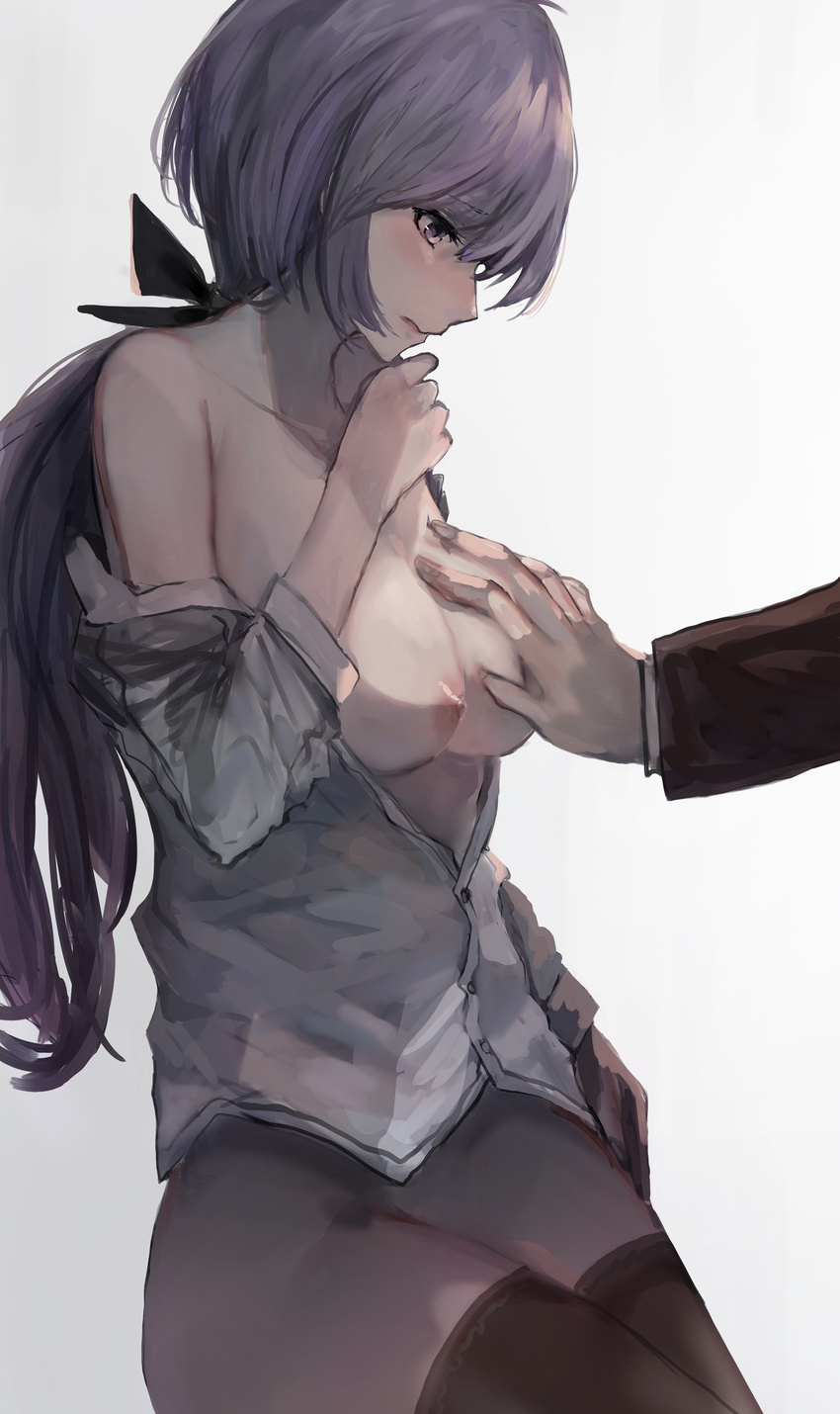 1girl absurdres bare_shoulders black_ribbon breasts buttons collarbone groping hair_ribbon handsome_(pokemon) highres kumamoto_nomii-kun lila_(pokemon) low_ponytail medium_breasts nipples off_shoulder open_clothes open_shirt pokemon pokemon_(game) pokemon_sm purple_eyes purple_hair ribbon shirt simple_background solo_focus thighhighs unbuttoned white_background white_shirt