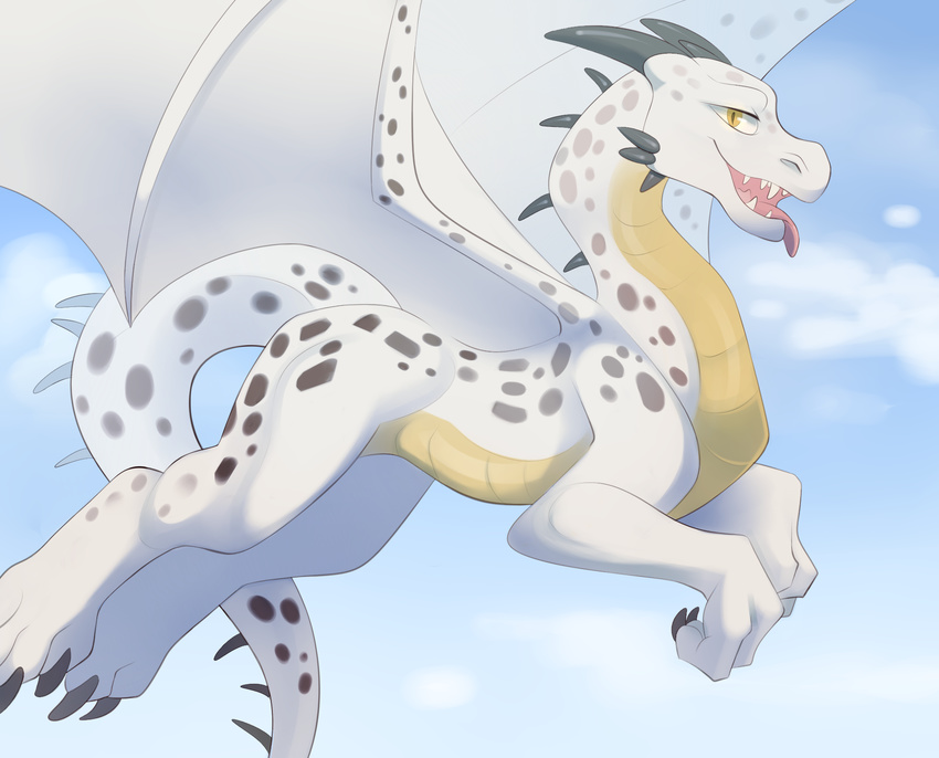 2014 blue_sky claws digital_media_(artwork) dragon feral flying harlem hi_res horn looking_at_viewer male membranous_wings open_mouth outside scalie sky solo toe_claws toichi tongue tongue_out wings yellow_eyes