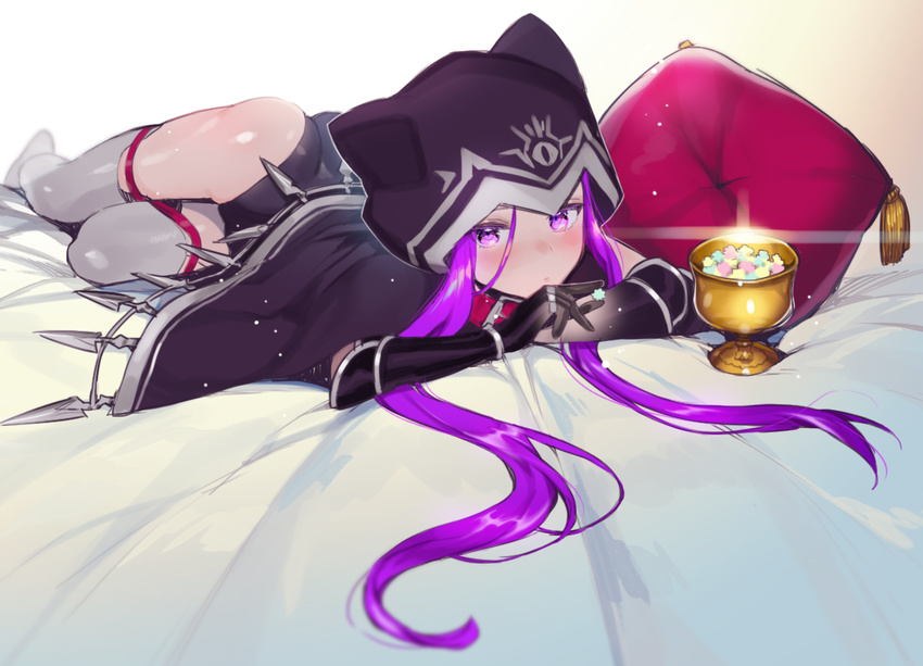 animal_hood ass bed candy cape cat_hood collar dog_collar fate/grand_order fate_(series) food gloves goblet hood konpeitou leotard long_hair looking_at_viewer lying medusa_(lancer)_(fate) nito_(siccarol) on_stomach pillow purple_eyes purple_hair red_collar rider solo very_long_hair
