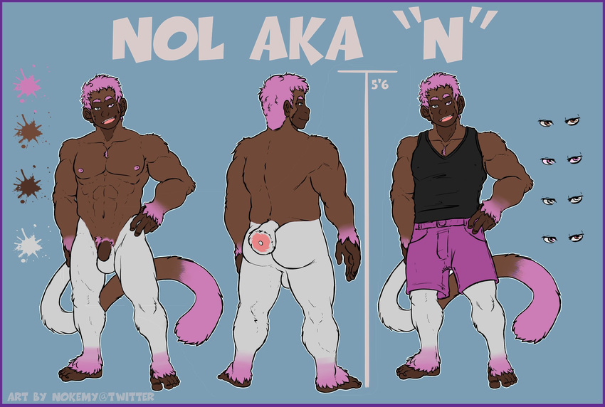 abs anthro athletic backsack balls border butt clothed clothing color_swatch flaccid flat_colors grin hair hand_on_hip male mammal model_sheet monkey multiple_angles navel nipples nokemy nude pecs penis pink_hair primate pubes rear_view shirt shorts signature solo tank_top uncut